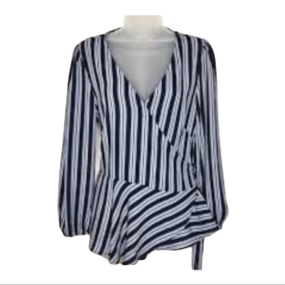 LOFT blue & White Striped Wrap Blouse.